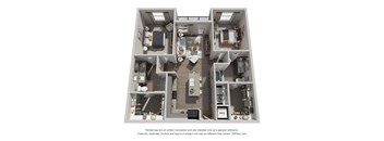 A 3D floor plan of a house with a kitchen, living room, and two bedrooms.