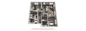 A 3D floor plan of a house with labeled rooms.