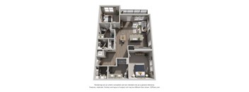 A 3D floor plan of a house with a kitchen, living room, and two bedrooms.