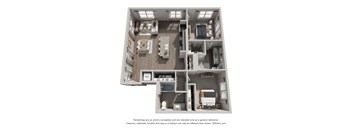 A 3D floor plan of a house with a kitchen, living room, and bedrooms.