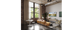 a living room filled with furniture and a large window