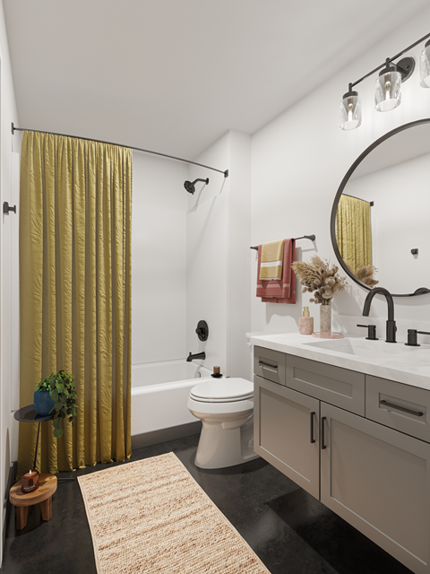 a bathroom with white walls and a yellow shower curtain