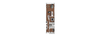A floor plan of a small apartment with a kitchen, living room, and bathroom.