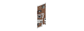 A 3D rendered image of a kitchen with wooden cabinets and white appliances.