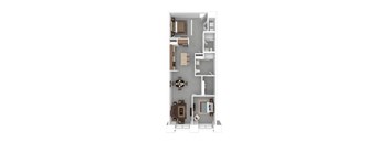A floor plan of a small apartment with a kitchen, living room, and bathroom.