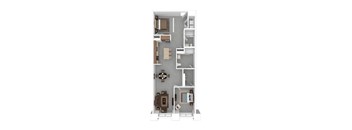 A floor plan of a house with a kitchen, living room, and two bedrooms.