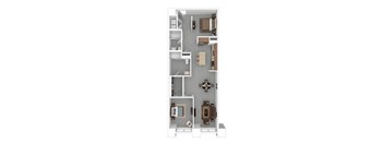 A floor plan of a house with a kitchen, living room, dining room, and two bedrooms.