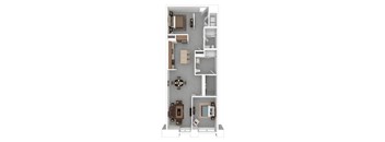 A floor plan of a house with a kitchen, living room, and two bedrooms.