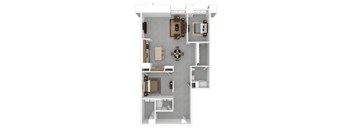 A floor plan of a house with a kitchen, living room, and two bedrooms.