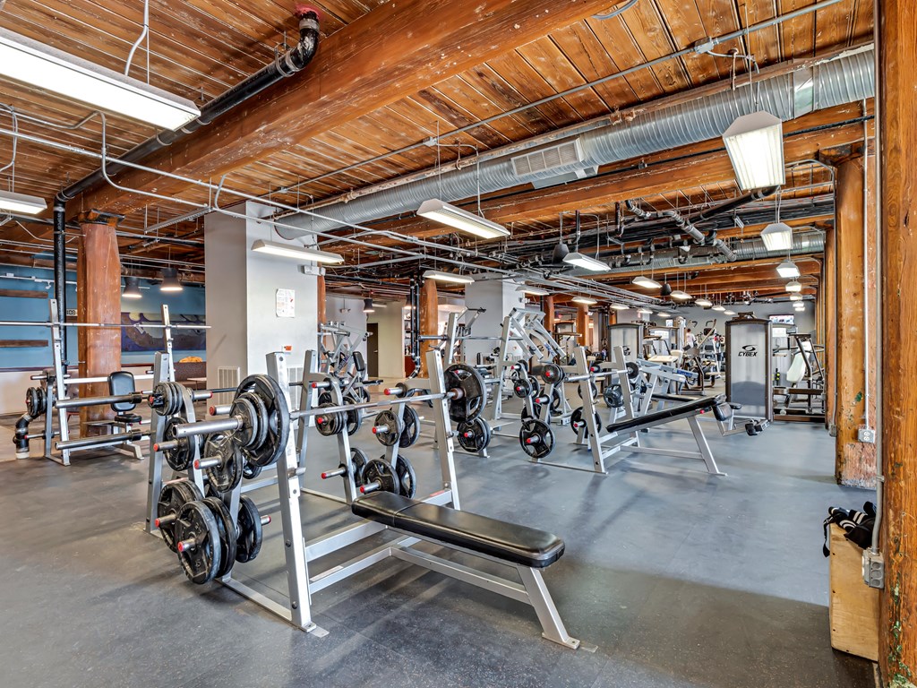 a gym with weights and other exercise equipment in it
