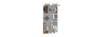 A floor plan of a small apartment with a kitchen, living room, and bathroom.
