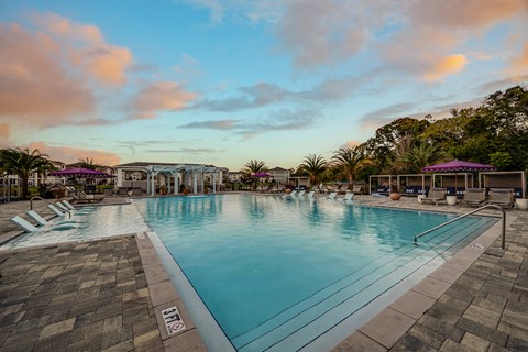 A large outdoor swimming pool surrounded by lounge chairs and umbrellas.
