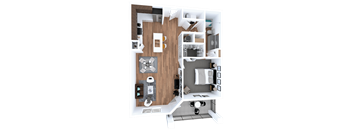 A 3D floor plan of a house with a living room, kitchen, and bedrooms.