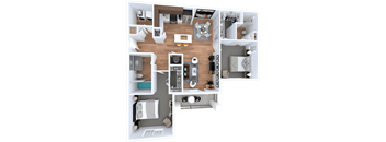 A top-down view of a modern apartment layout with a kitchen, living room, and bedrooms.