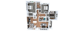 A 3D floor plan of a house with multiple rooms and furniture.