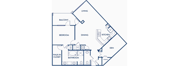 large one bedroom floor plan with a den and one bedroom with a half bath room