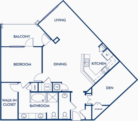 large one bedroom floor plan with a den and one bedroom with a half bath room