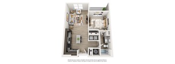 a stylized floor plan with a bedroom and a living room