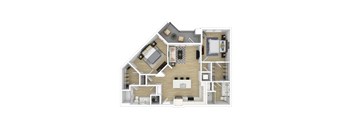 A detailed 3D floor plan of a modern house layout.