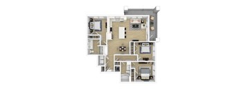 3d floor plan of a residence with bedrooms and a living room