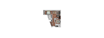 A top down view of a house layout with a kitchen, living room, and two bedrooms.