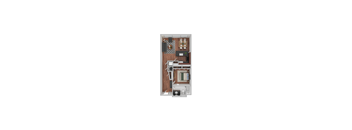 A top down view of a small apartment with a kitchen, living room and bathroom.