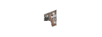 A 3D layout of a house with a kitchen, living room, and bathroom.