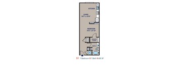 A floor plan of a one bedroom apartment with a living room, kitchen, bathroom and bedroom.