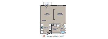 A floor plan of a one bedroom apartment with a living room, dining room, kitchen, and bathroom.