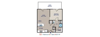 A floor plan of a one bedroom apartment with a living room, dining room, kitchen, and bathroom.