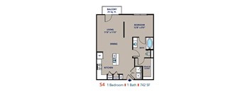 A floor plan of an apartment with one bedroom and one bathroom.