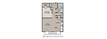 A floor plan of a one bedroom apartment with a balcony.