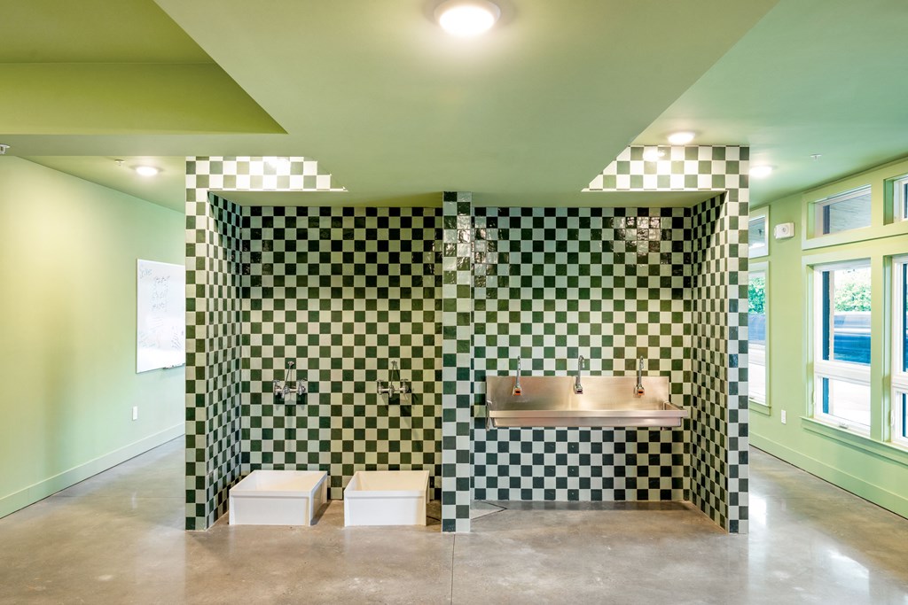 a bathroom with a sink and a checkered wall