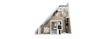 A cutaway view of a small apartment with a kitchen, living room, and bathroom.