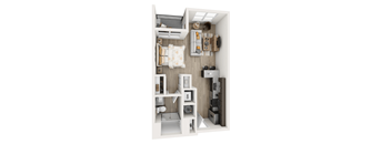 A small white room with a bed, a desk, and a cupboard.