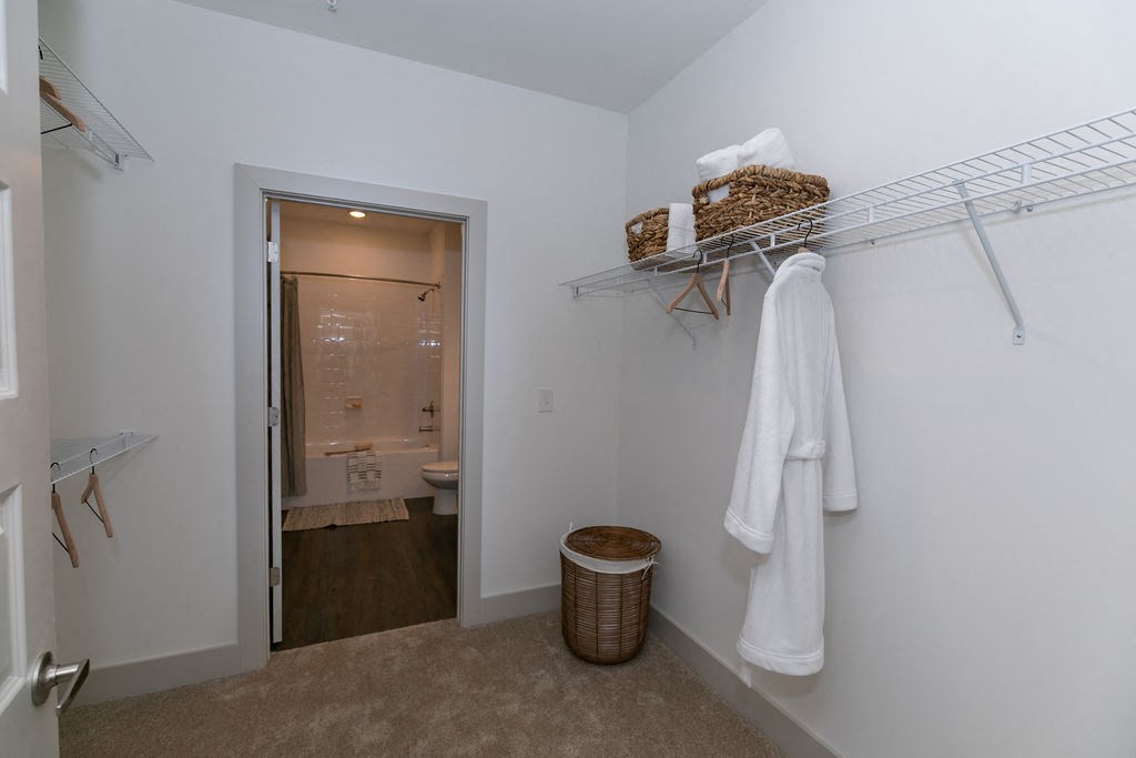 a bathroom with a closet and a toilet and a shower