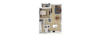 a stylized floor plan with a bedroom and living room