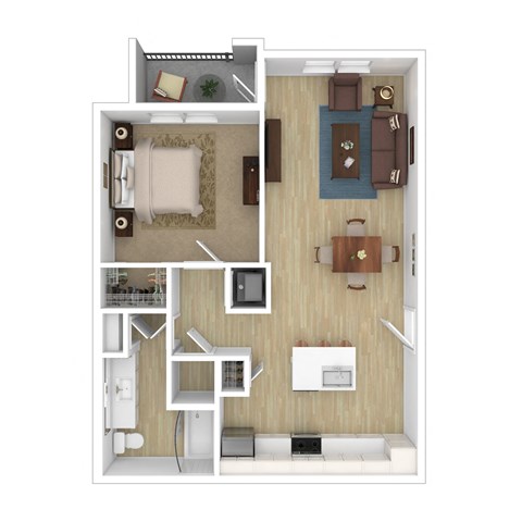 a stylized floor plan with a bedroom and living room