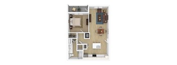 a stylized floor plan with a bedroom and living room