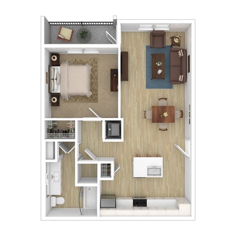 a stylized floor plan with a bedroom and living room