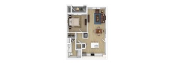 a stylized floor plan with a bedroom and living room