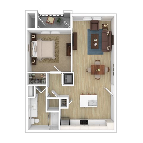 a stylized floor plan with a bedroom and living room
