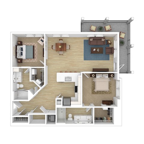 a floor plan of a bedroom apartment with a living room and a kitchen