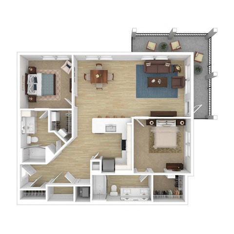 a 3d floor plan of a residence with bedrooms and a living room
