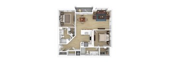 a 3d drawing of a floor plan with bedrooms and a living room