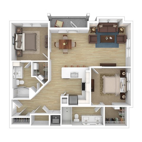 a 3d drawing of a floor plan with bedrooms and a living room