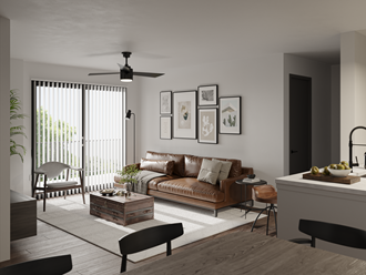 a rendering of a living room with a leather couch and a coffee table - Photo Gallery