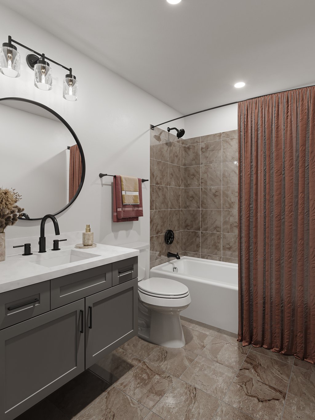 a bathroom with gray cabinets and a brown shower curtain