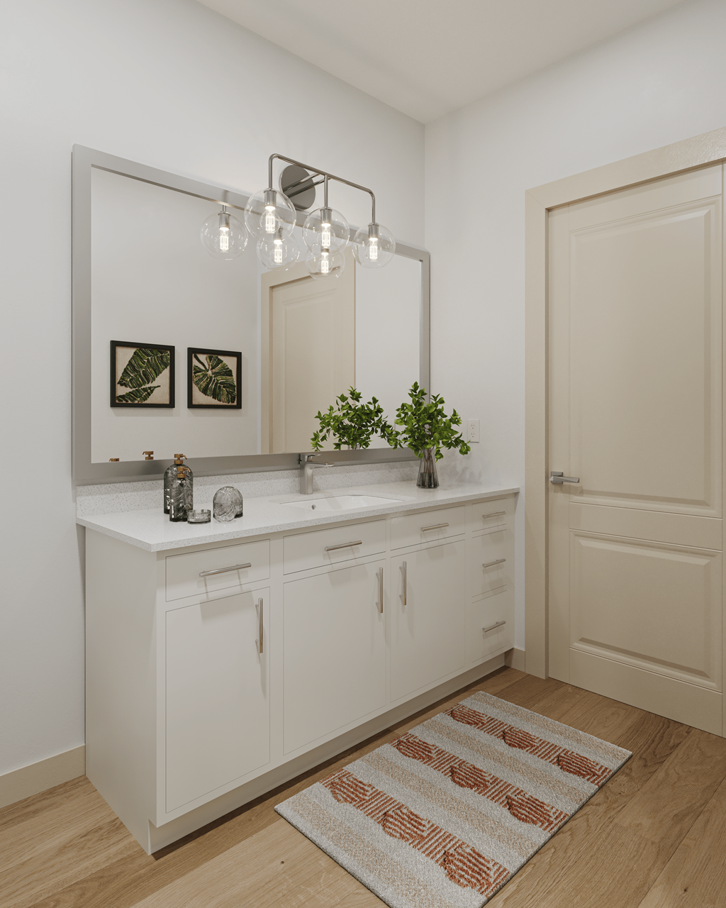 a white bathroom with a sink and a mirror