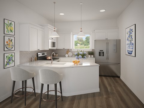 a kitchen with white cabinets and an island with two stools